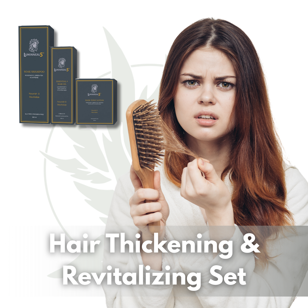 Woman with thinning hair holding a brush, with hair thickening and revitalizing set products displayed.
