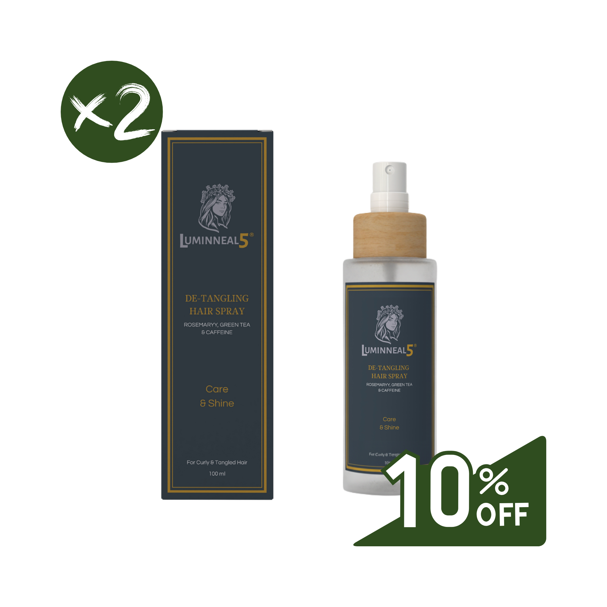 Lumineal5 de-tangling hair spray with packaging on a white background