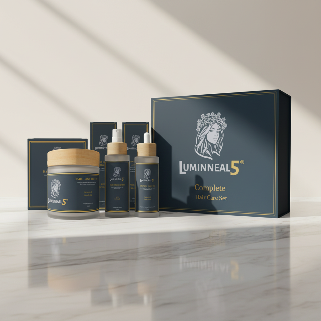 Luminneal5 damaged hair hair care set on a marble surface with a neutral background