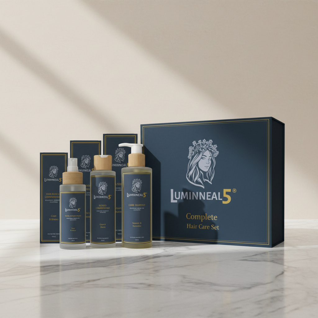 Luminneal5 post workout hair care set with bottles and packaging on a marble surface