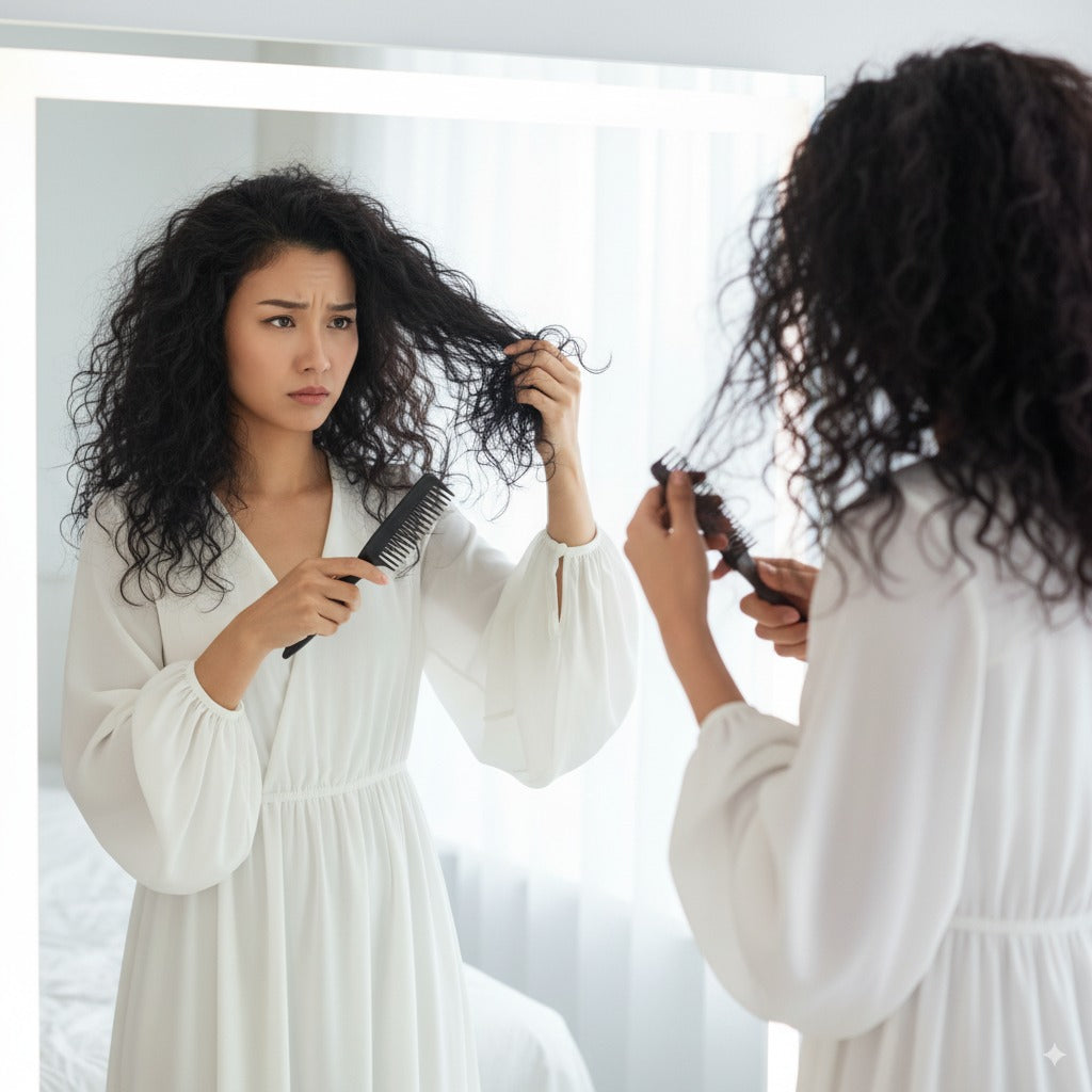 Woman in a white robe looking at her frizzy hair in the mirror
