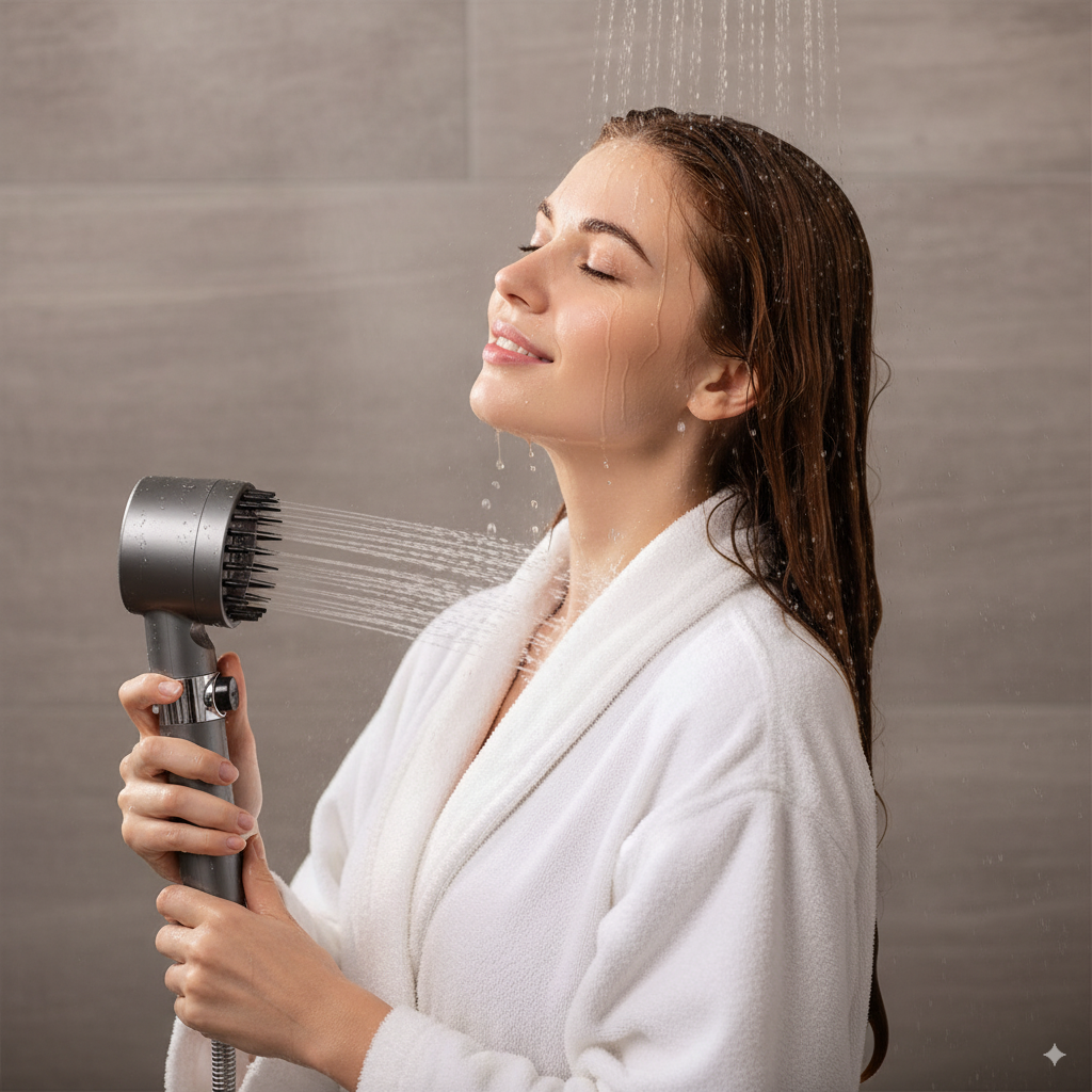 Woman in a white robe using a luminneal5 showerhead in a bathroom setting