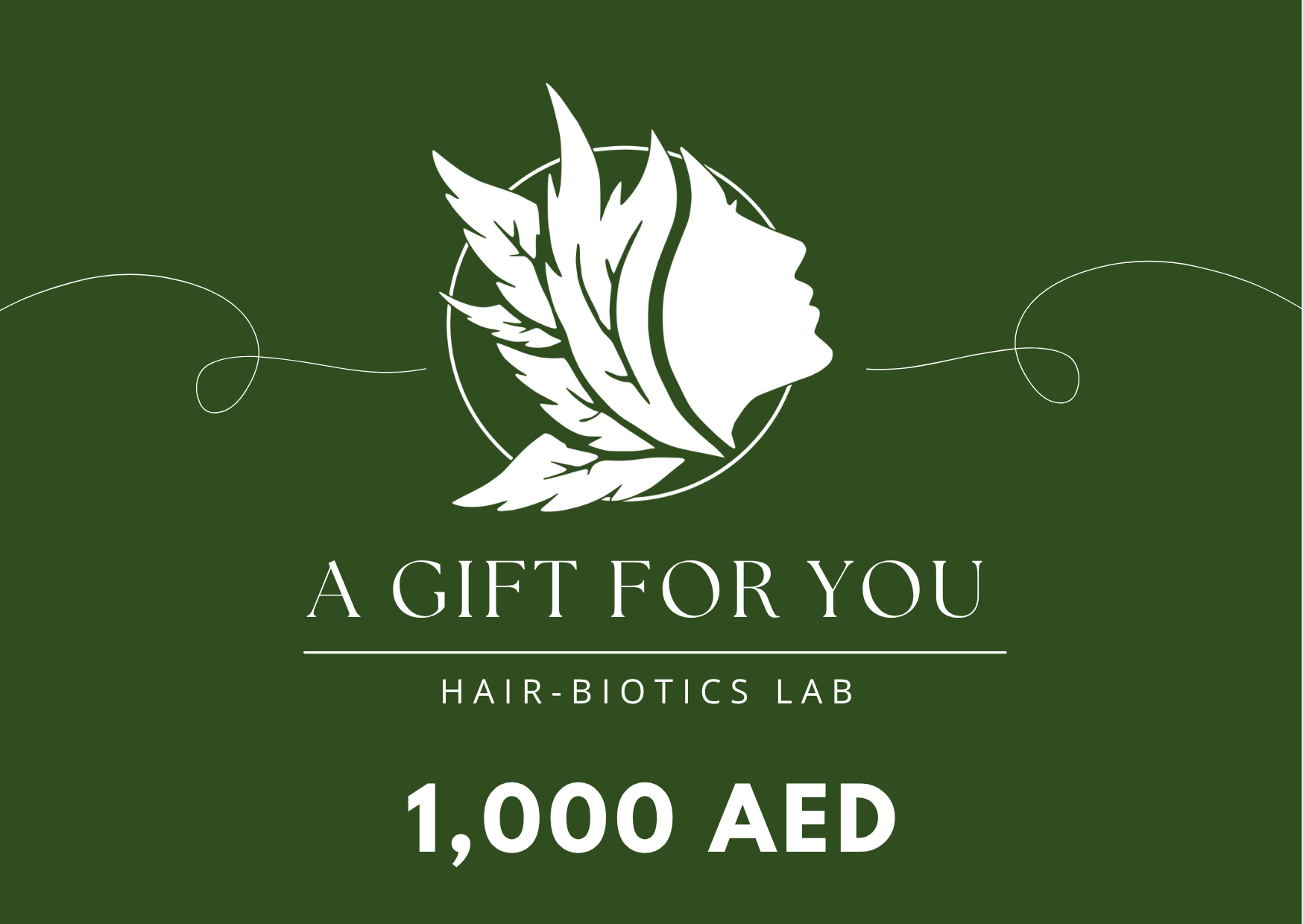 Gift certificate for Hair-Biotics Lab on a green background with a logo of a face and feathers.