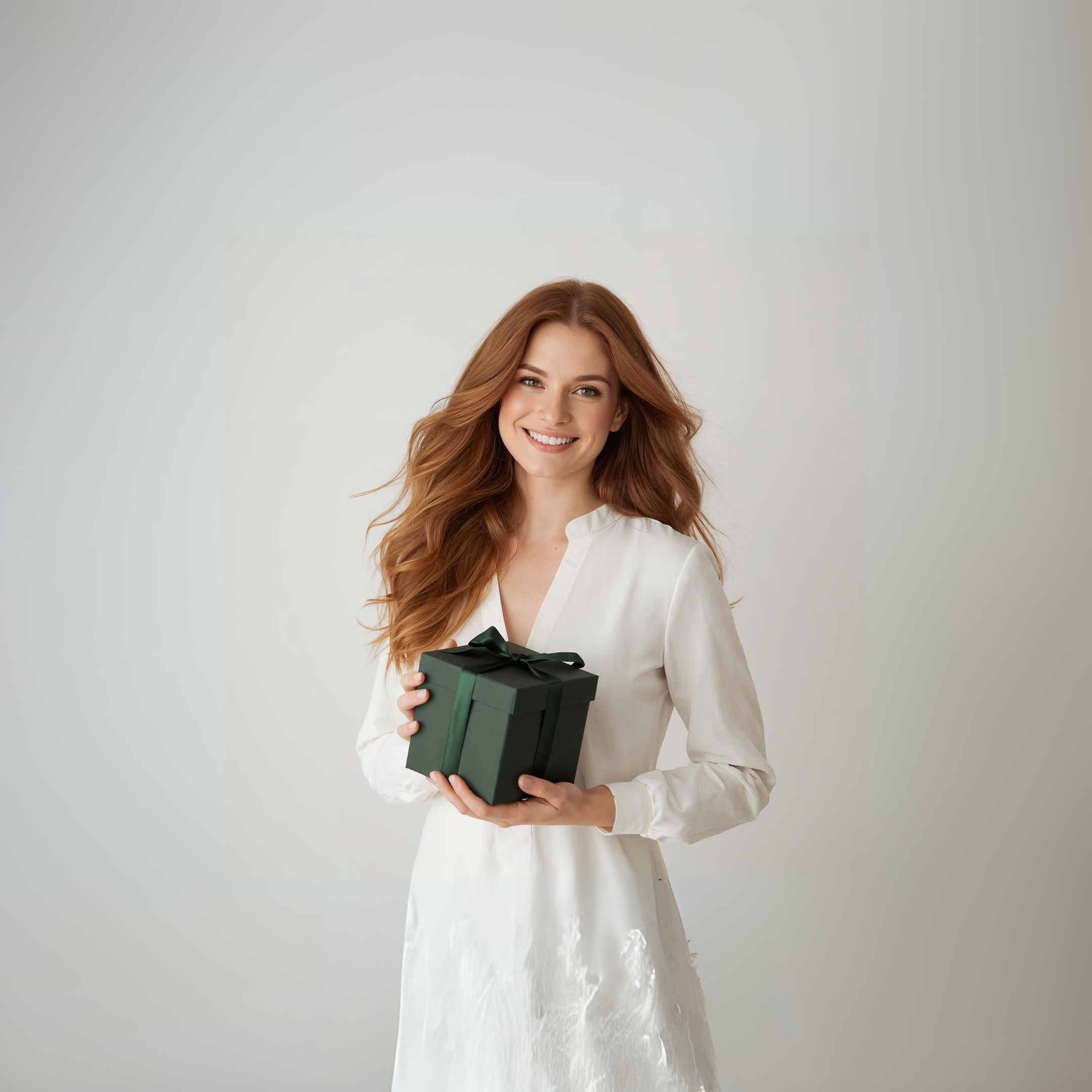 Woman holding a black gift box against a plain background
