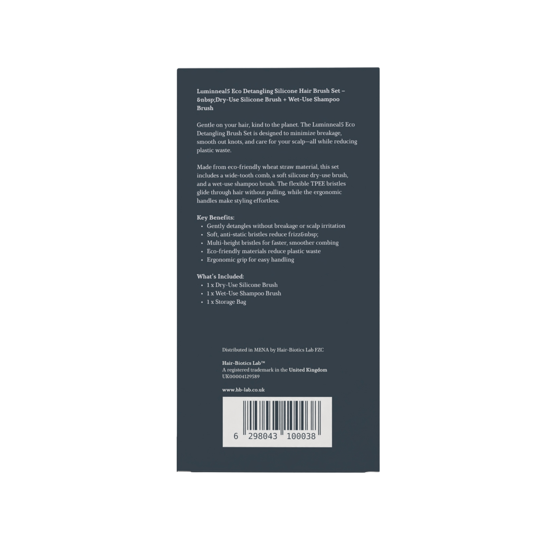 back of Luminneal5 silicone hair brush set  packaging