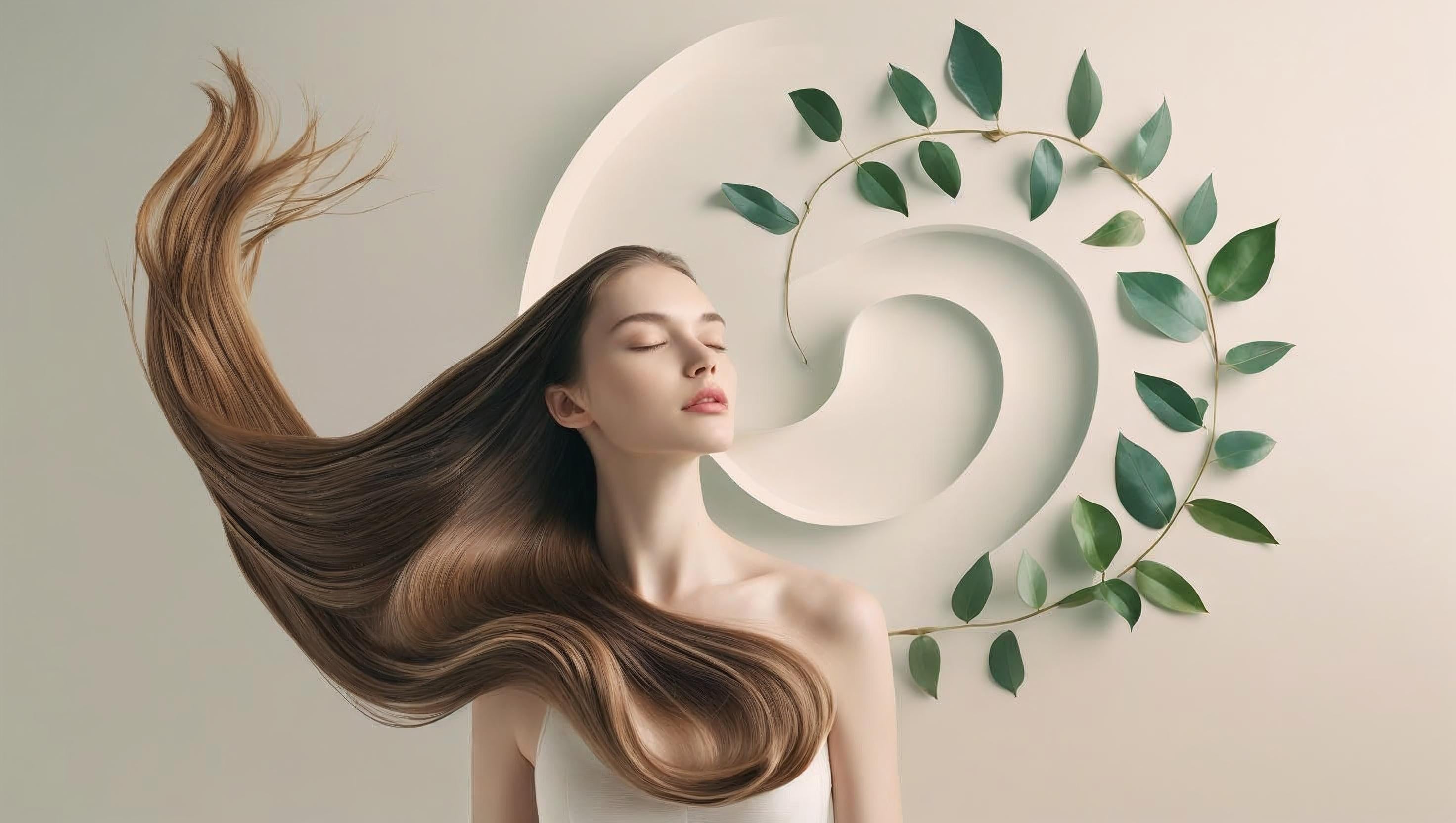 Woman with long brown hair flowing freely, surrounded by green leaves on a beige background