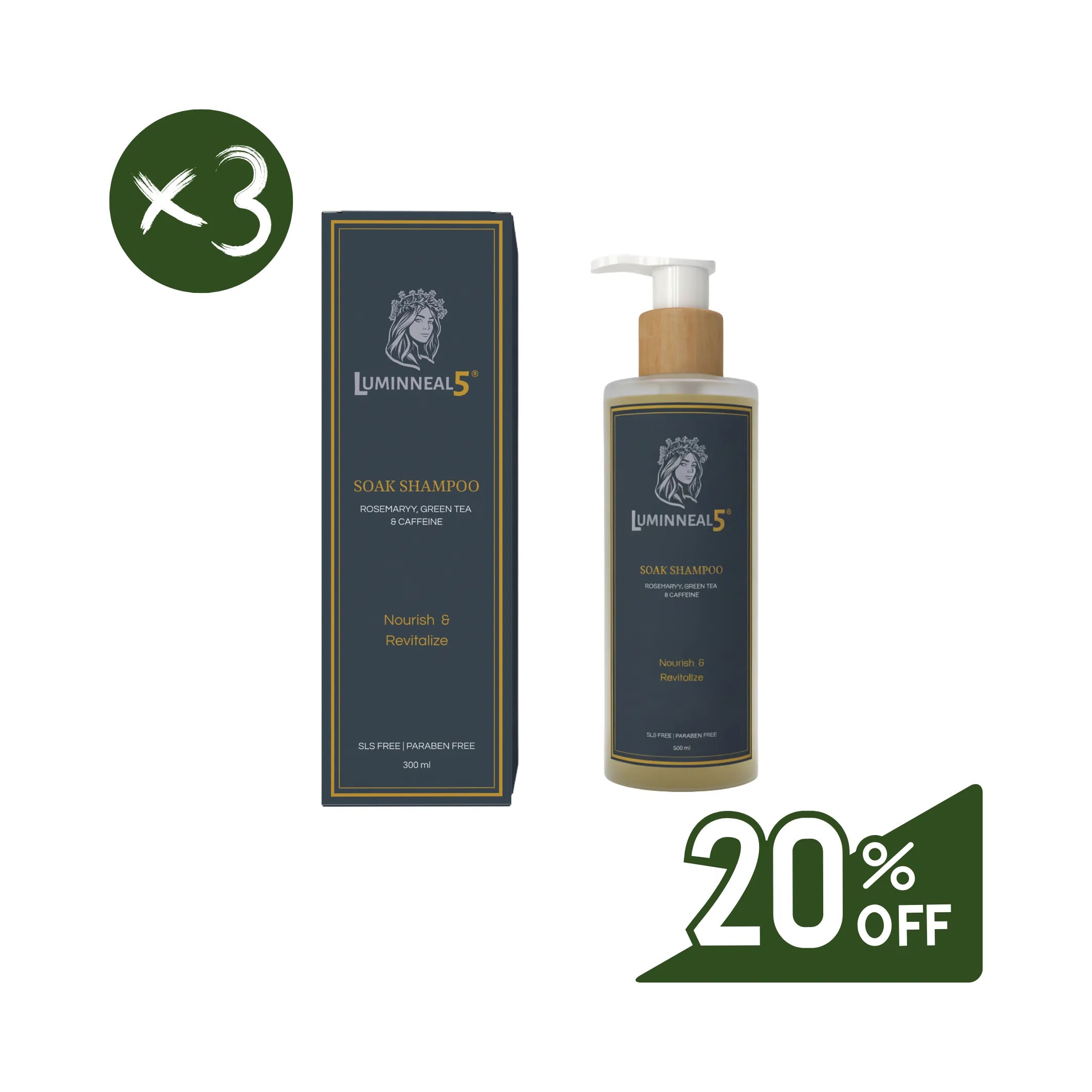 Lumineneal5 hair shampoo bottle and box with a 20% off discount label on a white background Luminneal5 Soak Shampoo Hair-Tonic vpwvuf-su.myshopify.com