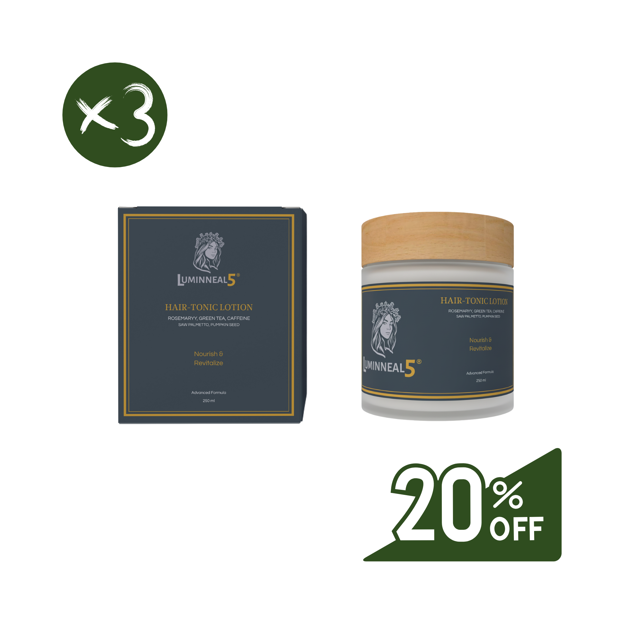 Lumineal5 hair tonic lotion packaging with a discount offer on a white background