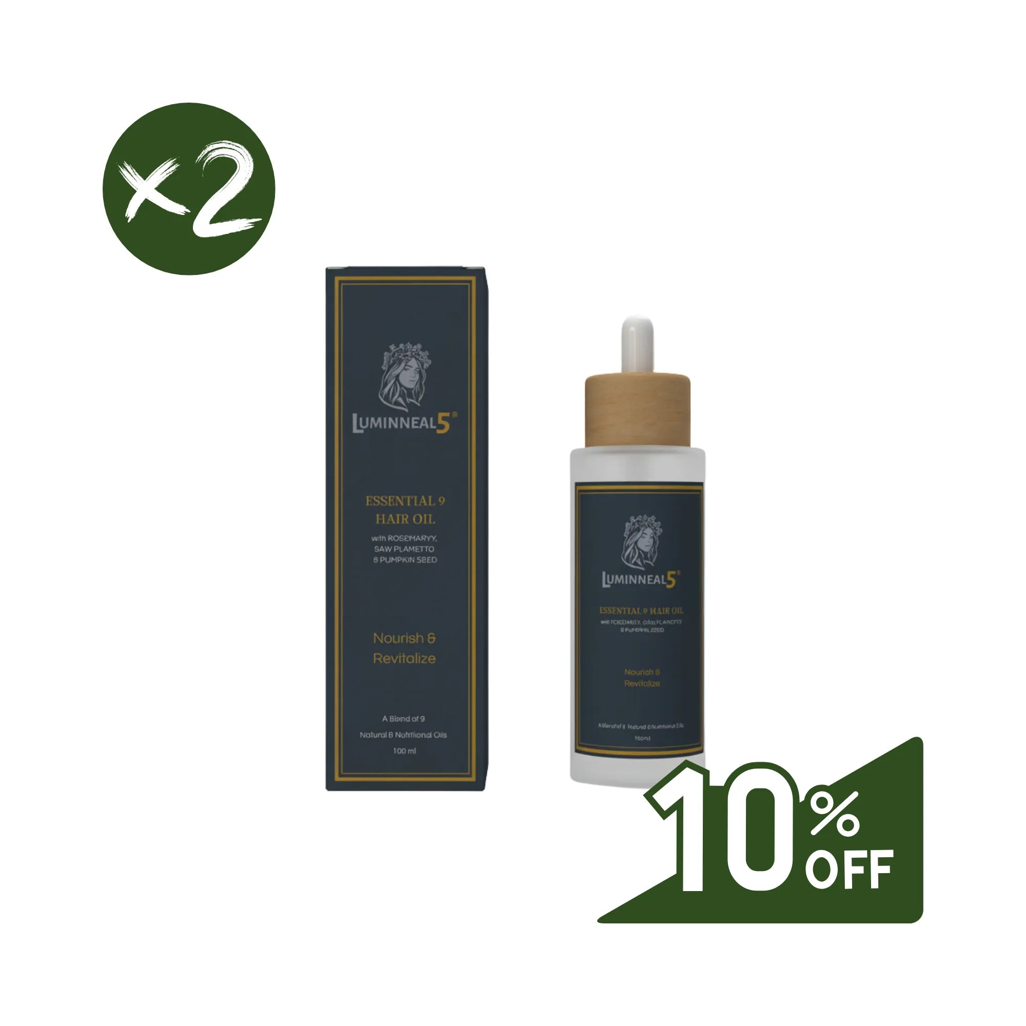 Luminneal5 essential 9 hair oil bottle and packaging with a discount label on a white background Luminneal5 Essential 9 Hair Oil Hair-Tonic vpwvuf-su.myshopify.com Luminneal5 Essential 9 Hair Oil Hair-Tonic vpwvuf-su.myshopify.com