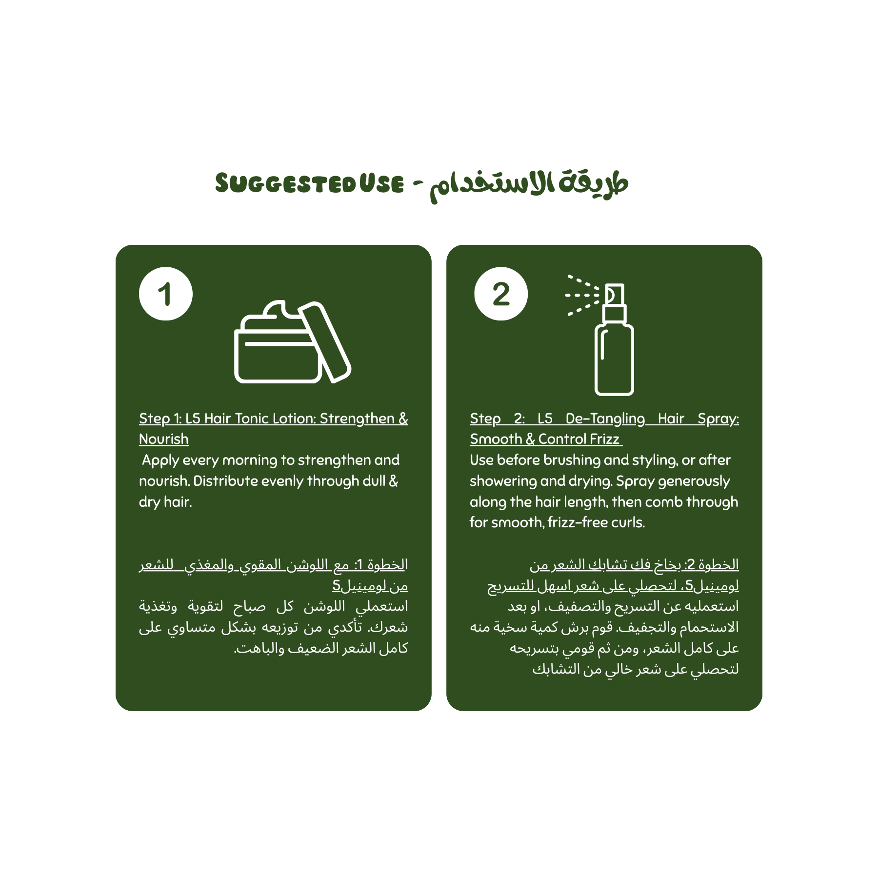 Instructions for using a hair care product with step-by-step guidance on a green background. (curly hair Set)