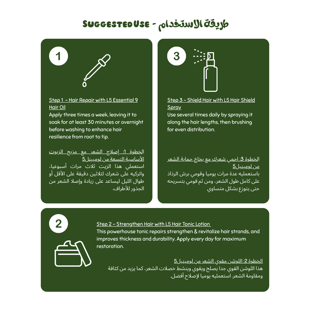 Instructions for hair care products with text and icons on a green background (damaged Hair Set)