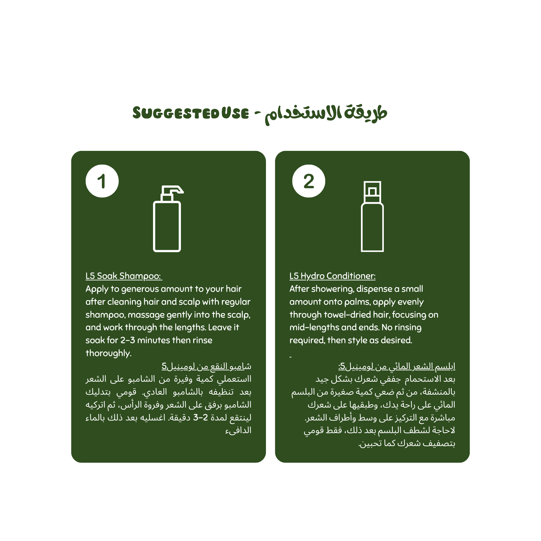 Instructions for using LS Soak Shampoo and LS Hydro Conditioner on a green background