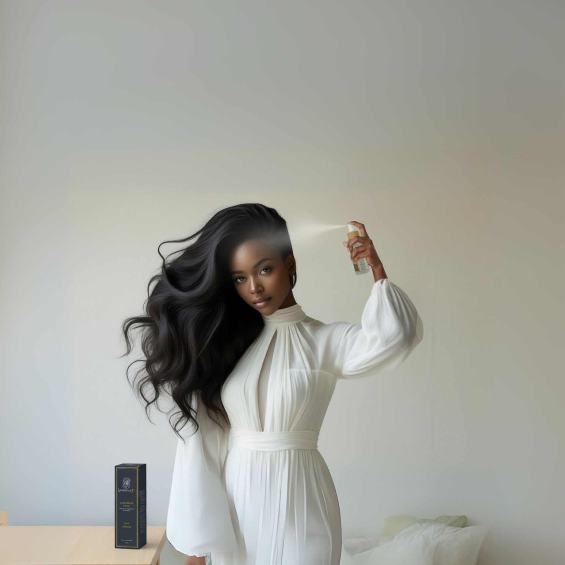 Woman in a white dress holding a bottle  of Luminneal5 Hair Shield Spray  with a plain background