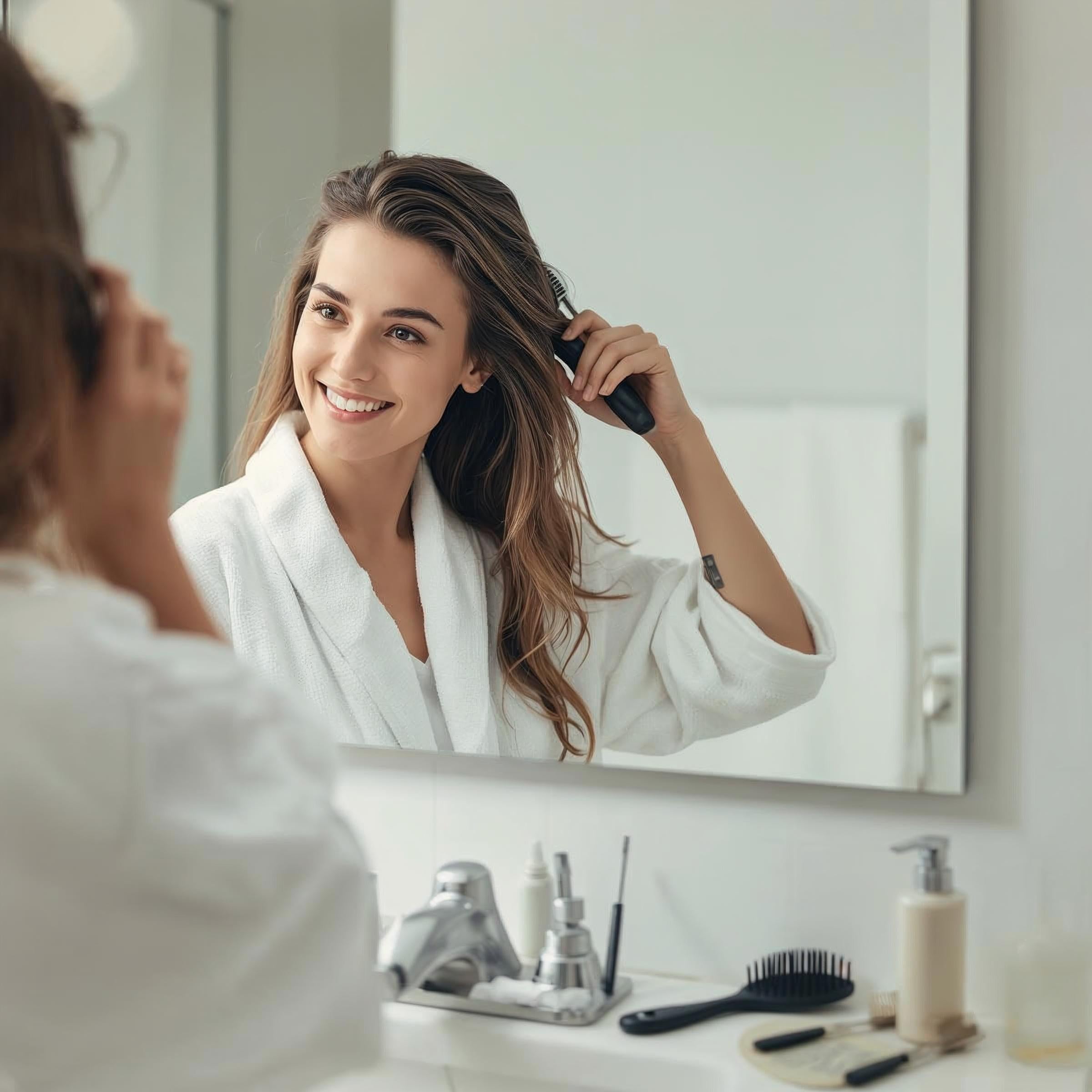 Woman in a white robe brushing her hair in front of a bathroom mirror.