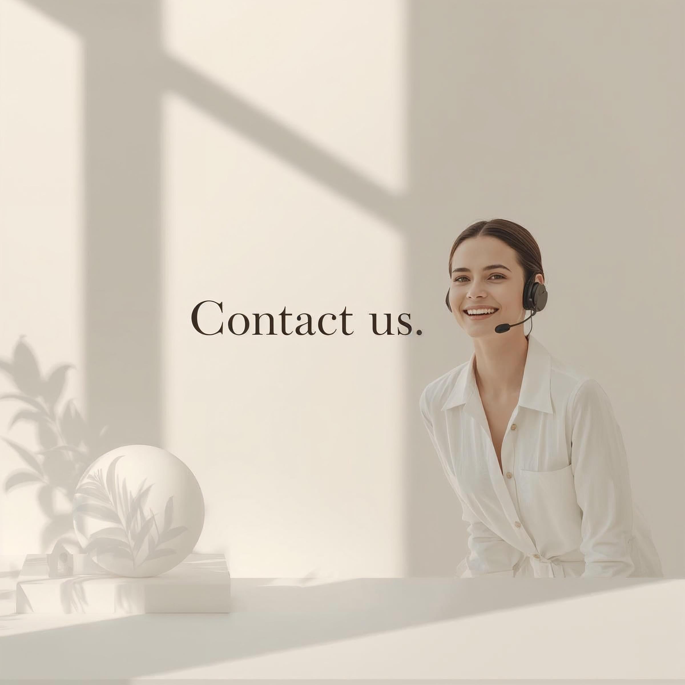 Woman wearing a headset in a bright room with 'Contact us.' text.